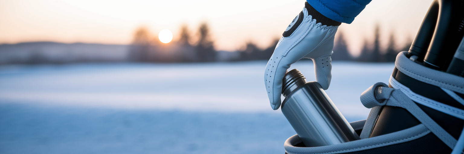 Golfer grabbing flask from bag in winter.