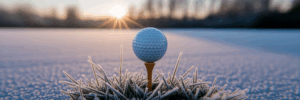 Golf ball on a frosty tee in winter.