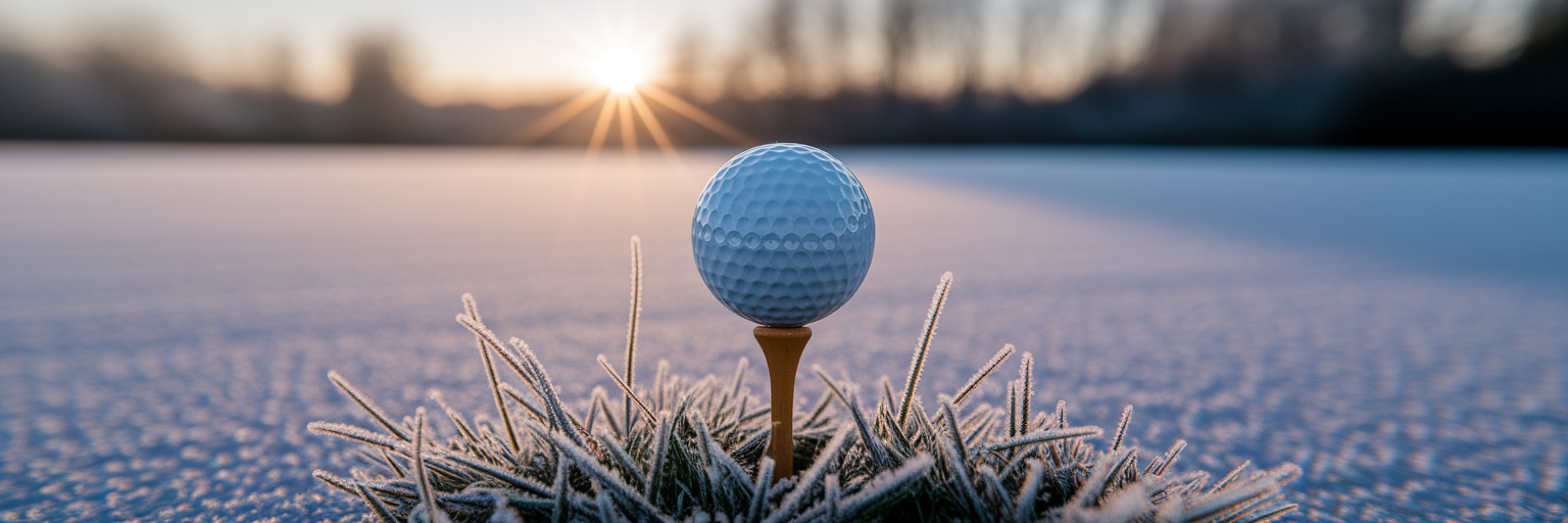 Golf ball on a frosty tee in winter.