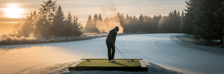 Golfer on a frosty course at winter sunrise.