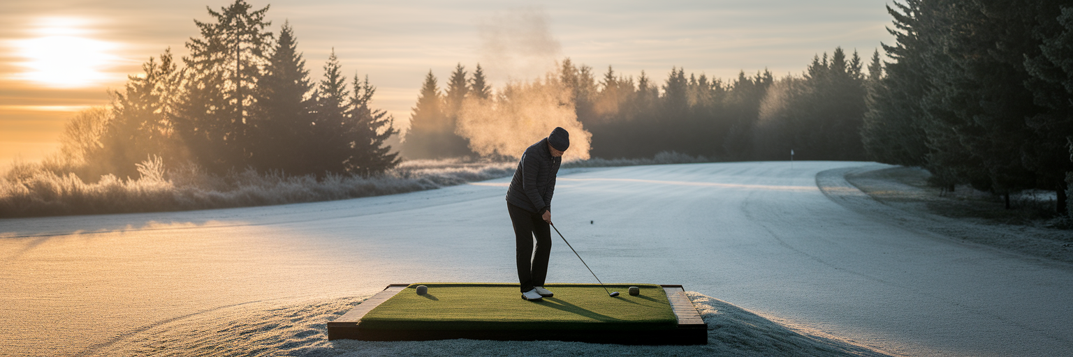 Golfer on a frosty course at winter sunrise.