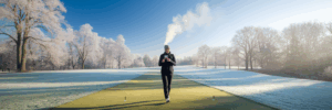 Golfer enjoying a warm drink on a winter course.