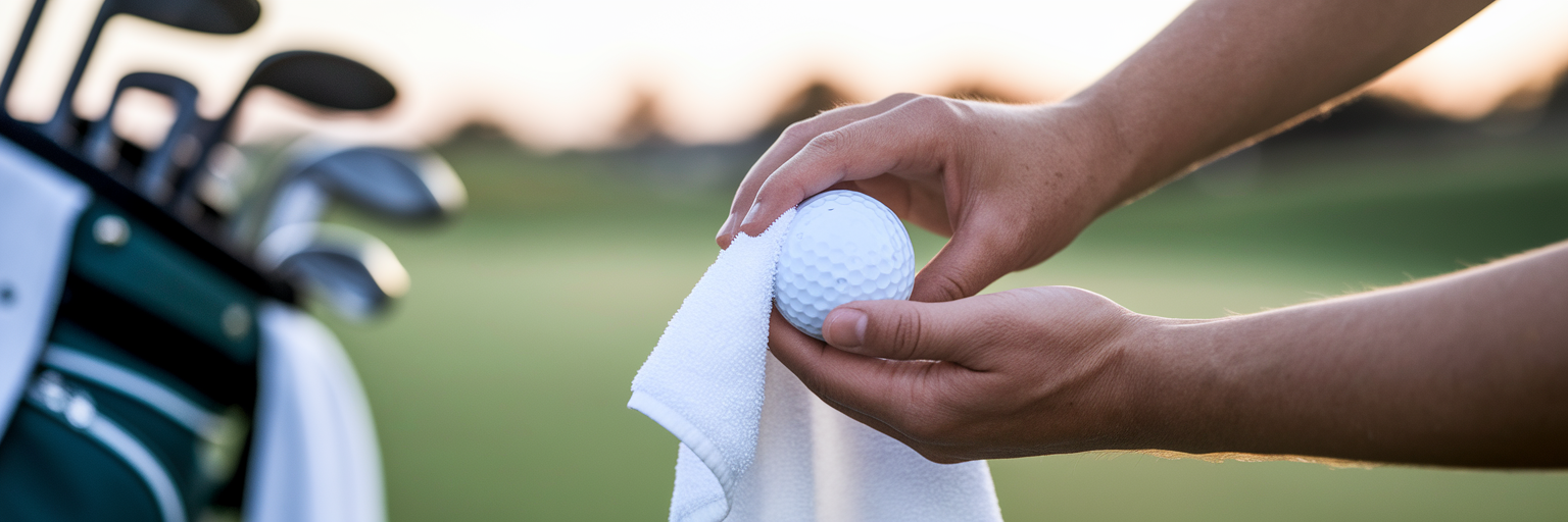 Golfer cleaning a golf ball.